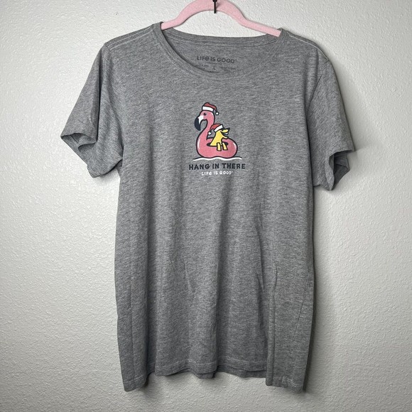 Life Is Good Hang In There Gray Christmas Flamingo Dog Pool Crusher Shirt Large - Picture 1 of 3